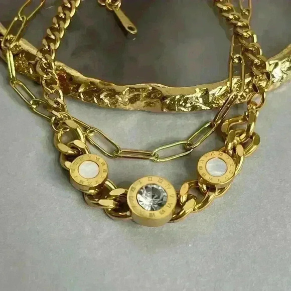 Stainless Steel Gold Plated Roman Numeral Zircon Layered Bracelet - Picture 2 of 8